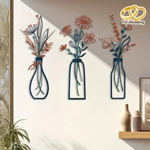 Moderna 3-delade botaniska metallväggskulpturer – Dekorativ blommig hängande konst