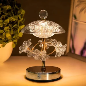 Elegant LED-bordslampa i kristall – blommönster med rund metallfot