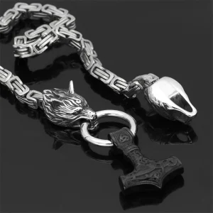 Rostfritt stål dubbelt varghuvud & Mjolnir Survival Spirit Halsband/armband