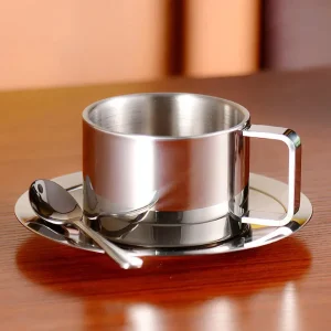 Elegant kaffekoppset i rostfritt stål – modern 3-delad